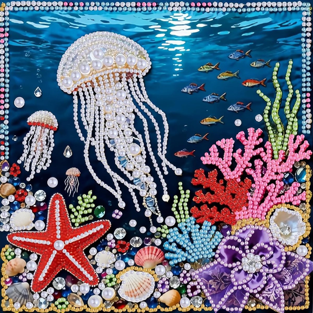 Kwallen Pearl Diamond Painting voor volwassenen, 5D kralen dier diamant schilderij foto's beginners, doe-het-zelf kristal diamanten schilderij geschenken woondecoratie 25 x 25 cm