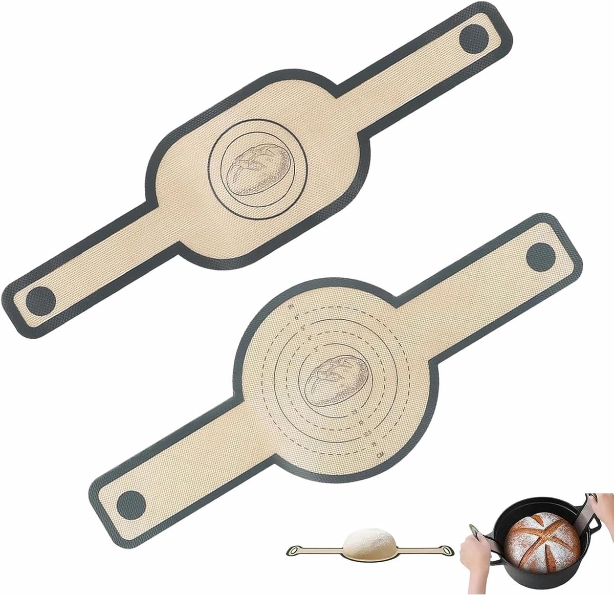 2 stuks siliconen bakmat voor Dutch Oven, broodtrommel, ovaal en rond, herbruikbare broodmat met lange handgrepen, voor broodpot, oven