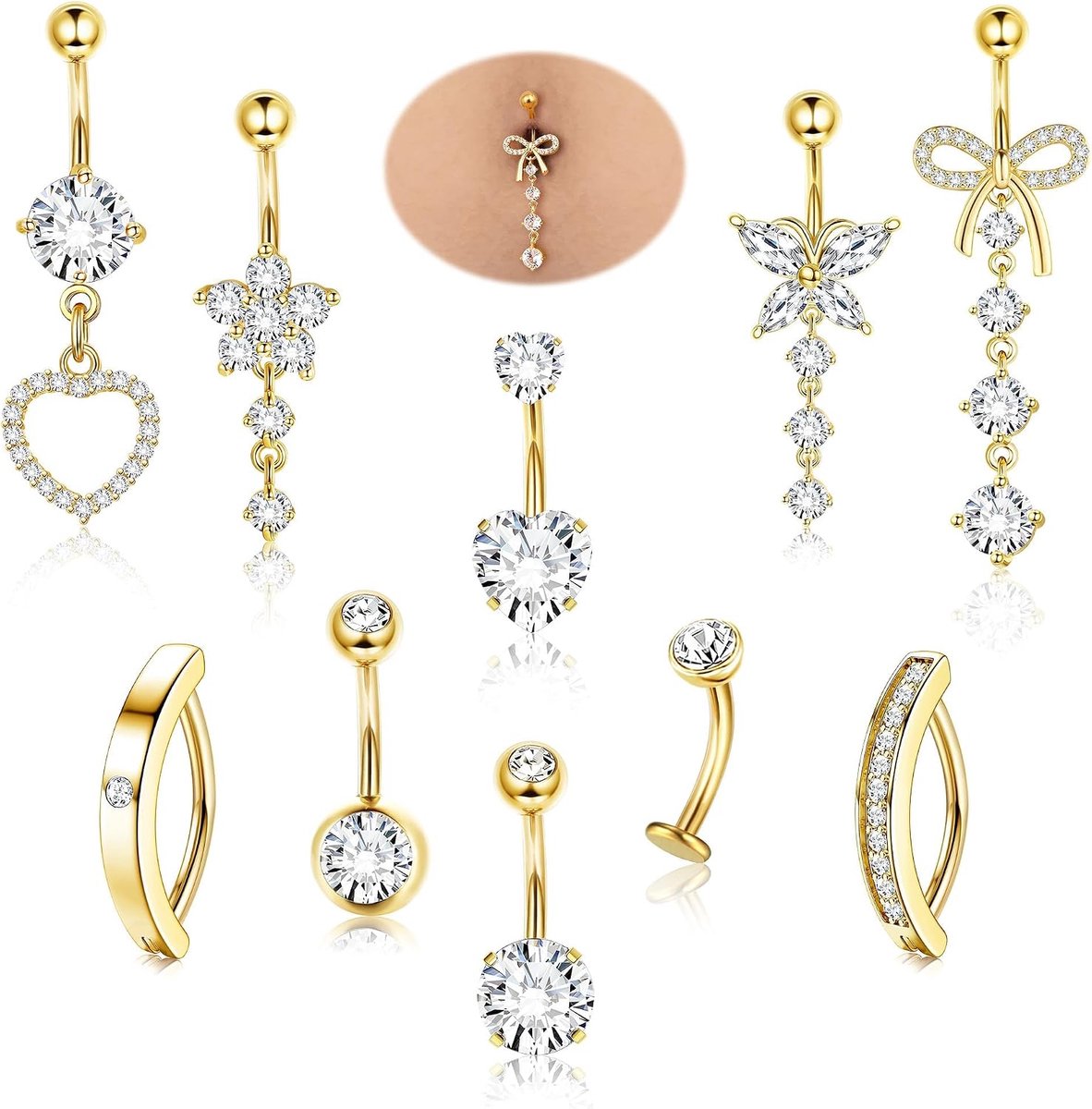 10 stuks navelstaafjes chirurgisch staal navelpiercing gouden knoppiercing 14G navelstaafjes bungelend hart vlinder bloem zilver goud navel piercing sieraden voor vrouwen