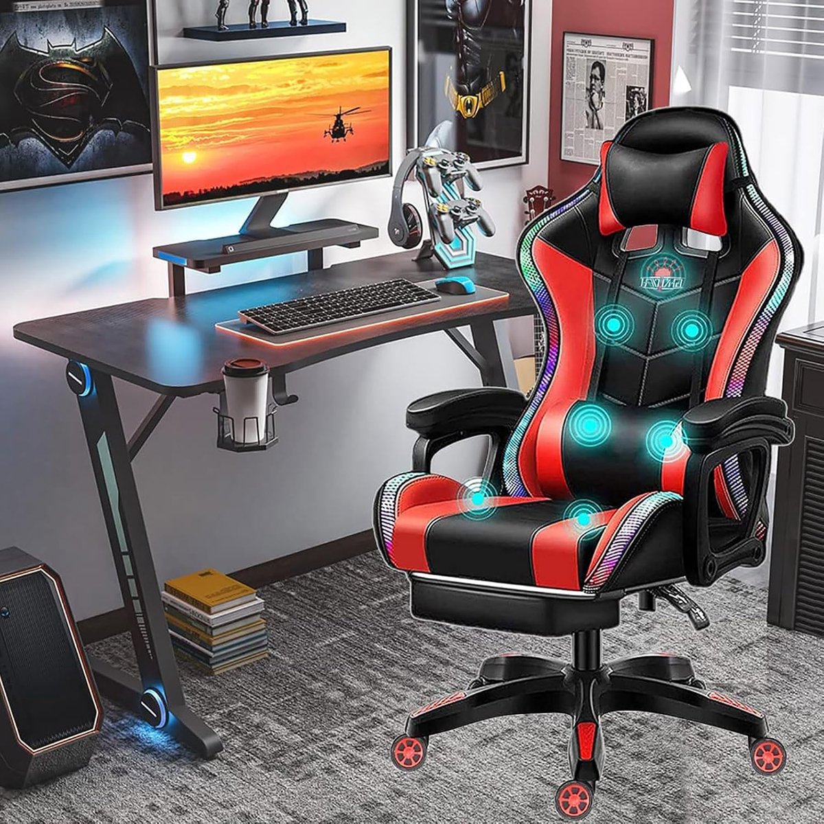 SnelShoppen - Ergonomische Gaming Stoel met Massagefunctie en Voetsteun, Grote en Hoge Gaming Stoel, Verstelbare Kantoorstoel, Gaming Chair met RGB LE