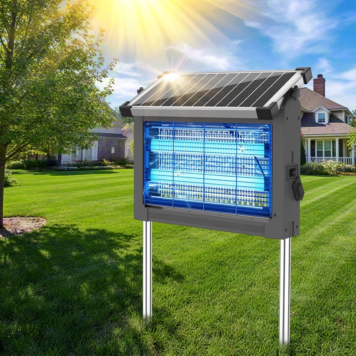 Insectenverdelger op zonne-energie, 4500 V muggenlamp voor buiten, met 4000 mAh accu, USB oplaadbaar, IPX5, schemeringssensor, 3 m kabel, insectenverdelger, elektrisch voor terras, balkon, tuin