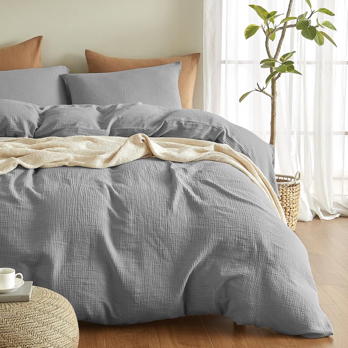 Premium Musselin Bettwäsche Sets 135x200 2 teilig 100% Baumwolle atmungsaktiv & bügelfrei Bettbezüge 135x200cm + Kissenbezüge 80x80cm Oeko-Tex Bettwäsche-Sets mit Knöpfe Grau