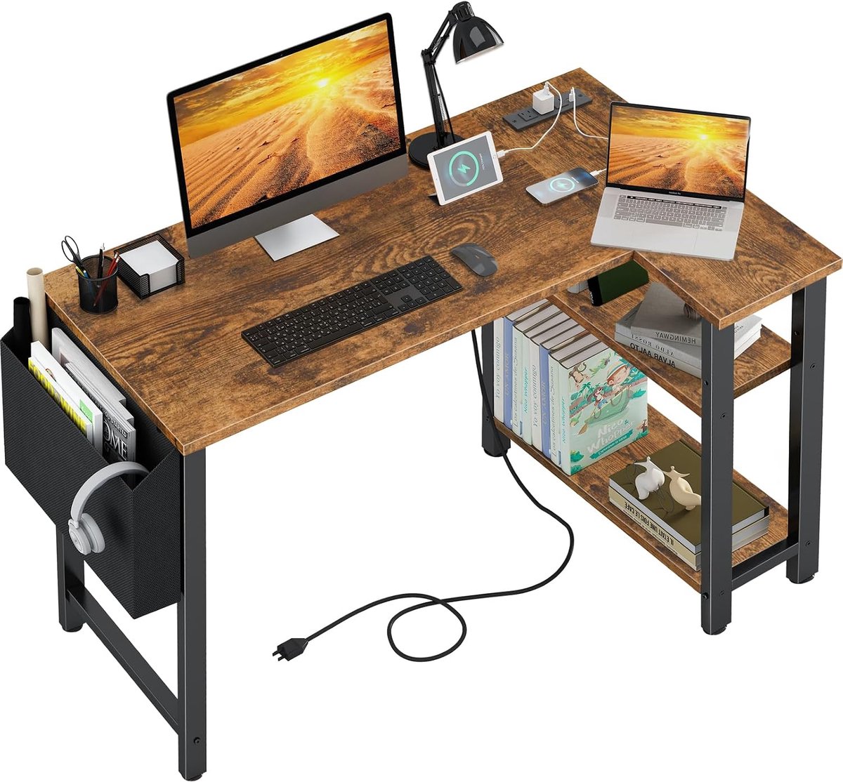 L-vormig bureau 41" - rustiek bruin - met stopcontact en USB-poorten - ideaal voor kleine ruimtes - ShopVlot