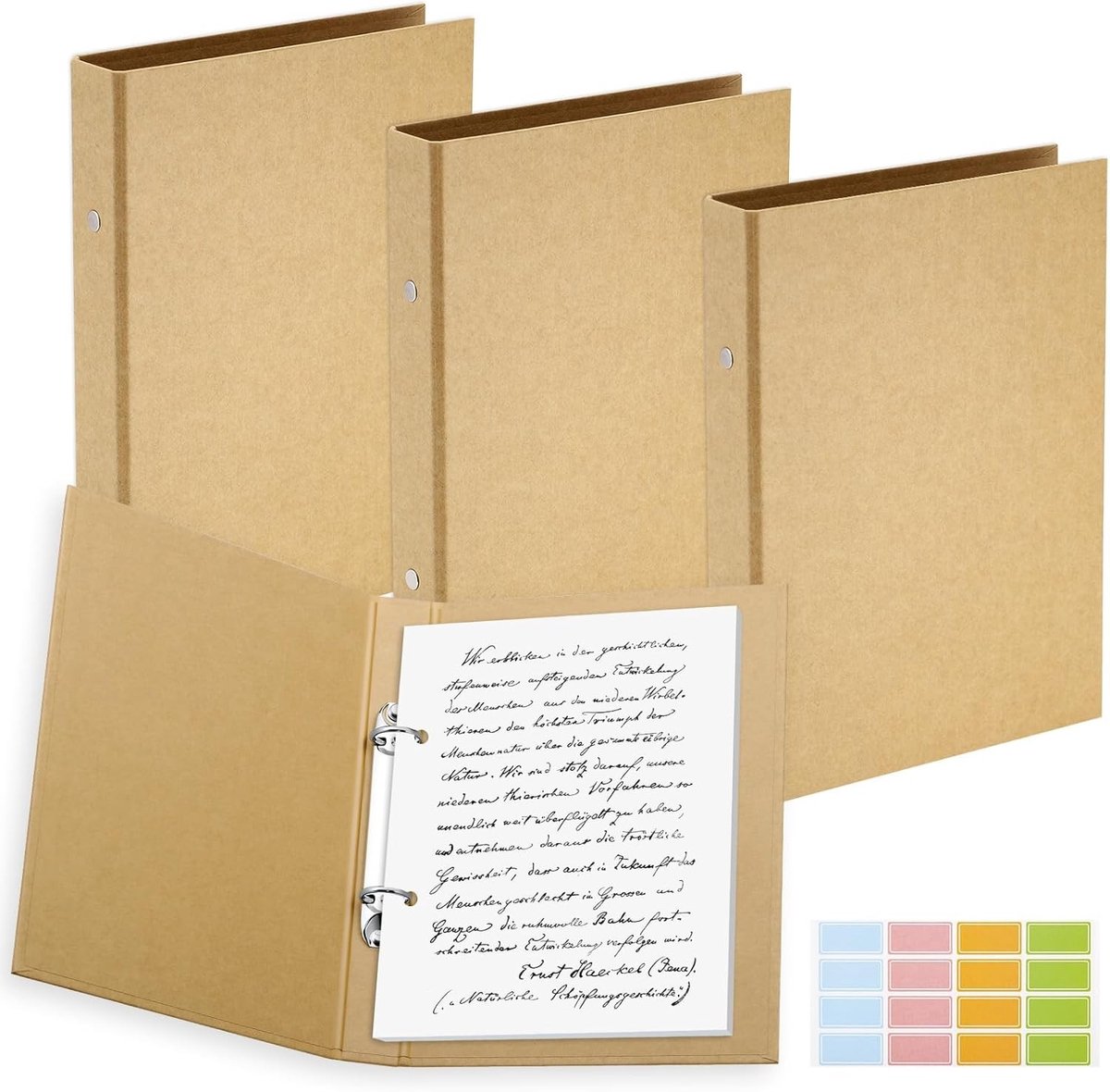 Set van 4 A5 Ringbinders met Zelfklevende Labels, Herbruikbare Kraft Papier Omslagen voor Dagboeken, Werkboeken en Kantoorbenodigdheden