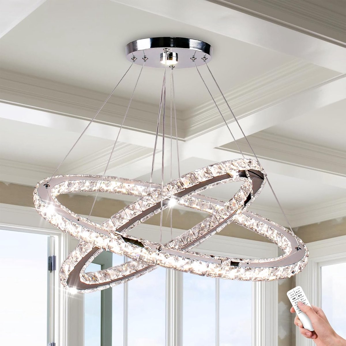 SnelShoppen - Moderne LED Kroonluchter met Afstandsbediening, Dimbare Hanglamp met 3 Kleuren, Ovalen Plafondlamp voor Woonkamer, Eetkamer en Slaapkame
