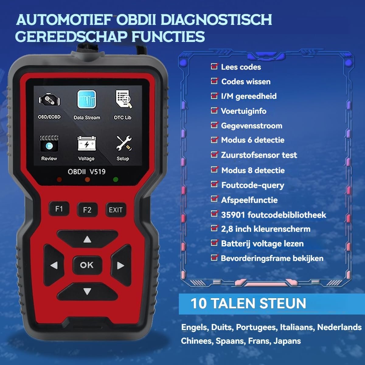 SnelShoppen - OBD2 Scanner Auto Diagnose Apparaat met Alle OBD2 Functies, Motor Foutcodes Lezen en Wissen, EVAP en O2 Sensor Tester voor Voertuigen na
