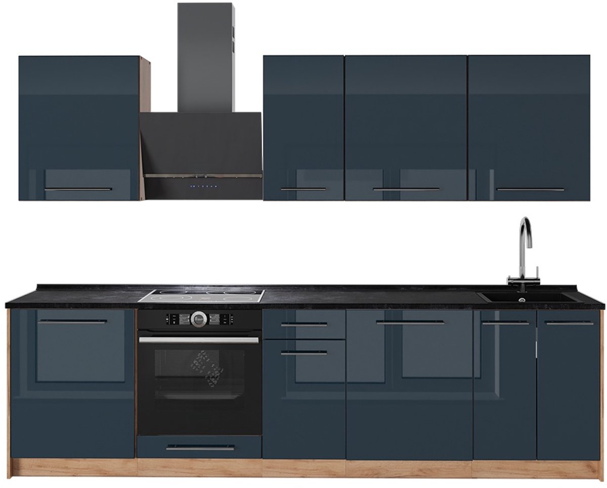Vicco Complete keukeneenheid Fame-Line, Donkerblauw hoogglans/Goudkleurig Eiken, 280 cm zonder werkblad