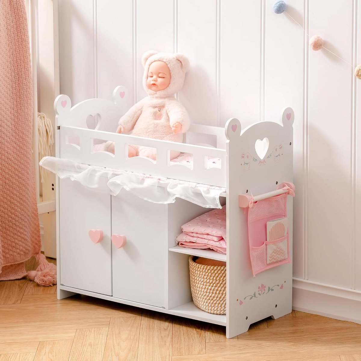 SnelShoppen - Houten Baby Pop Crib Set, Meubelset voor Poppen, Inclusief Opbergruimte, Bedtextiel, 3 Haken, 45-53cm Poppenaccessoires, Speelgoed voor