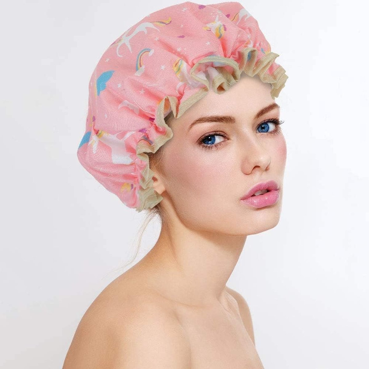 SnelShoppen - Eenhoorn Douchespons voor Vrouwen, 3 Stuks, Dubbele Laag, Waterdicht, Herbruikbaar, Met Elastische Band, Zwemcaps voor Meisjes en Vrouwe