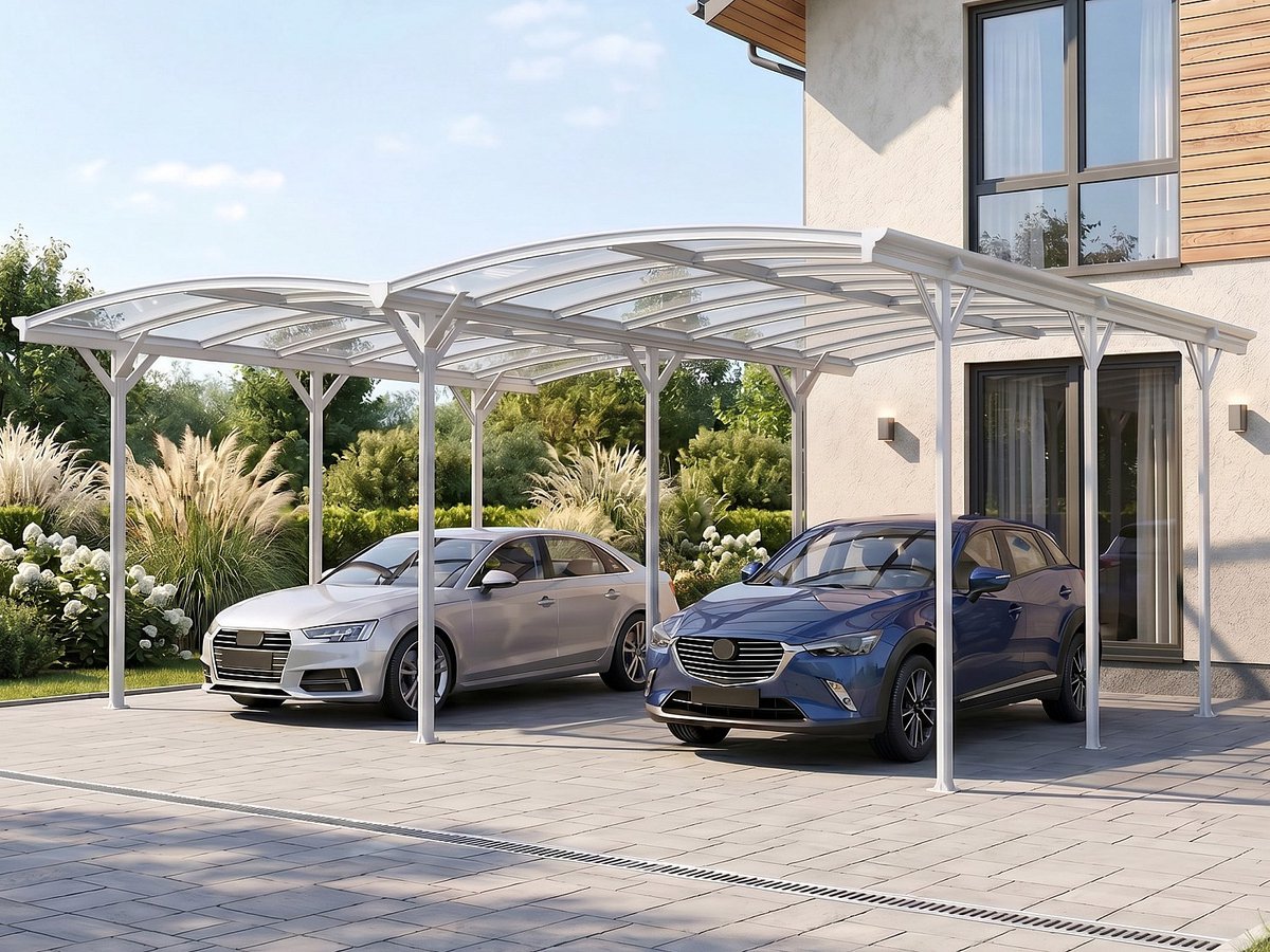 Vente-unique Vrijstaande carport pergola dubbel in aluminium - 2 auto's - 30 m² - Wit BARESA