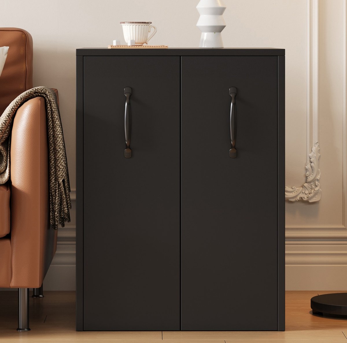 COVREO Dressoir 52x50x75 cm zwart, spaanplaat met wielen en 2 lades