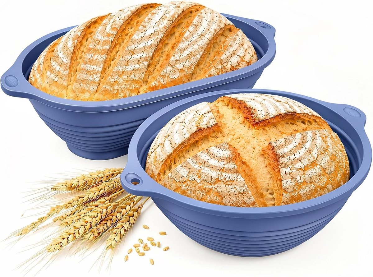Siliconen Rijsmandjes voor Brood - Ovaal 29cm en Rond 26cm | Verstevigde Stalen Rand | Opvouwbaar en BPA-Vrij | Ideaal voor Deeg, Pizza en Gebak