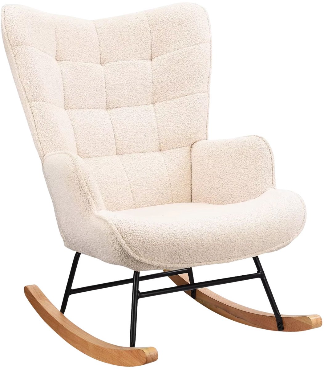 Schommelstoel - Gestoffeerde Relaxfauteuil met Geruite Rugleuning en Armleuningen - Teddyfluweel Beige - voor Woonkamer en Slaapkamer