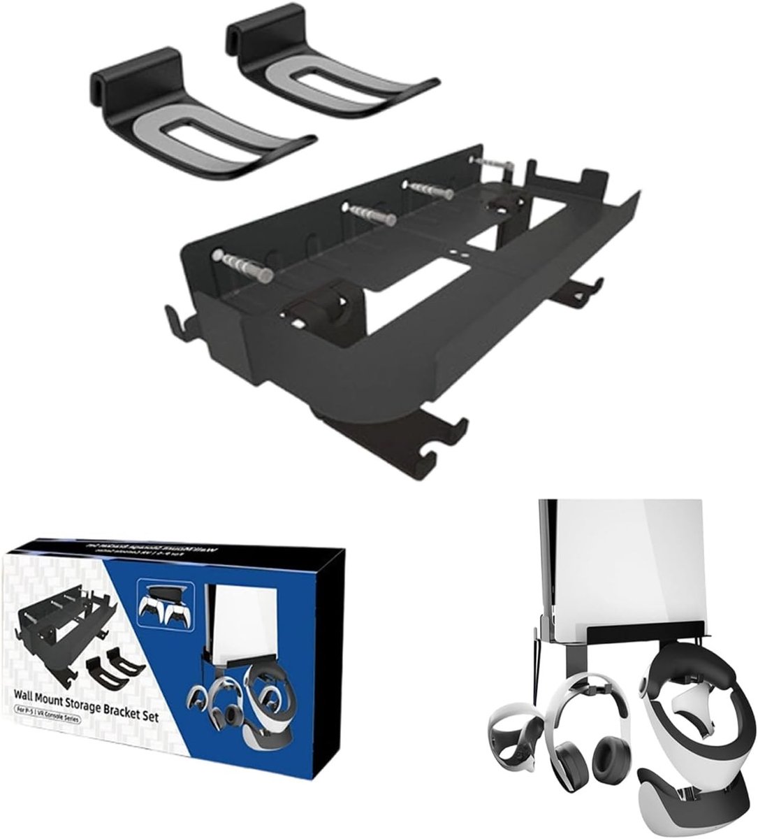 Muurbeugel voor PlayStation 5, Complete Opbergoplossing met Controllerhouder en Hoofdtelefoonbeugel, Spelconsole Wandplank met Warmteafvoer en Ruimtebesparing