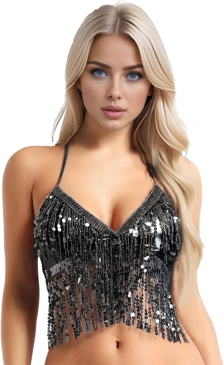 Glitter Sequin Backless Bra en Fringed Top voor Vrouwen - Perfect voor Festivals en Buikdans Costumes