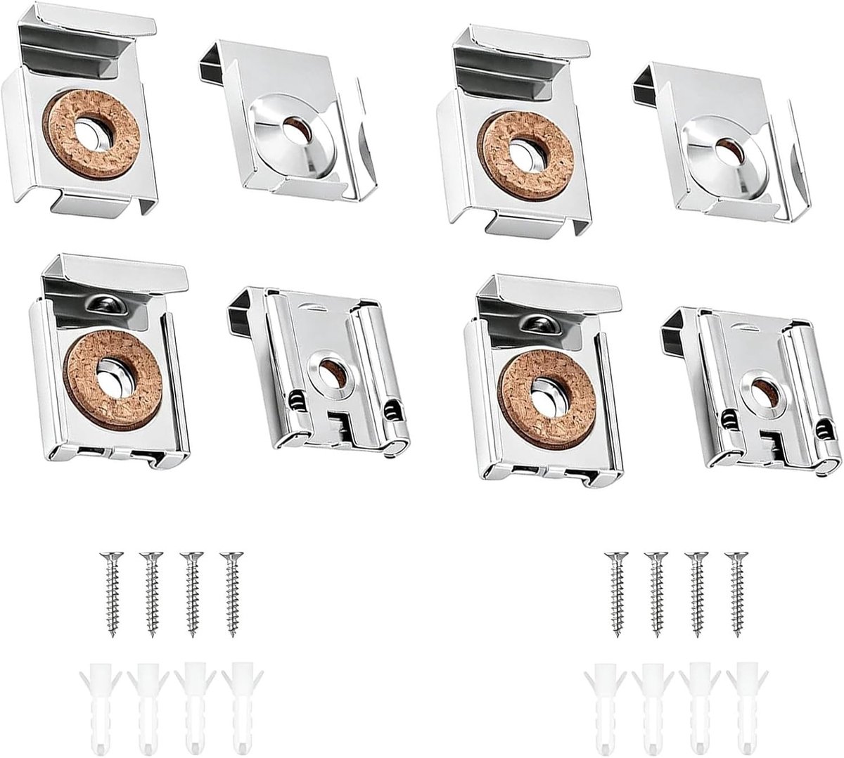 Set van 8 in hoogte verstelbare spiegelhouders van roestvrij staal met kurkonderlegger, stevige spiegelklemmen en wandmontageaccessoires voor veilige bevestiging en krasbescherming