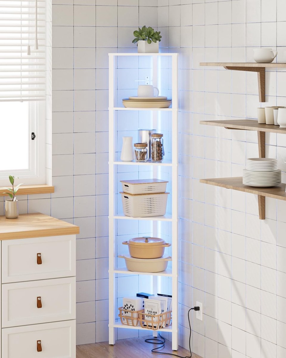 Omgoods - Hoekrek met 6 Niveaus en LED Verlichting in Wit