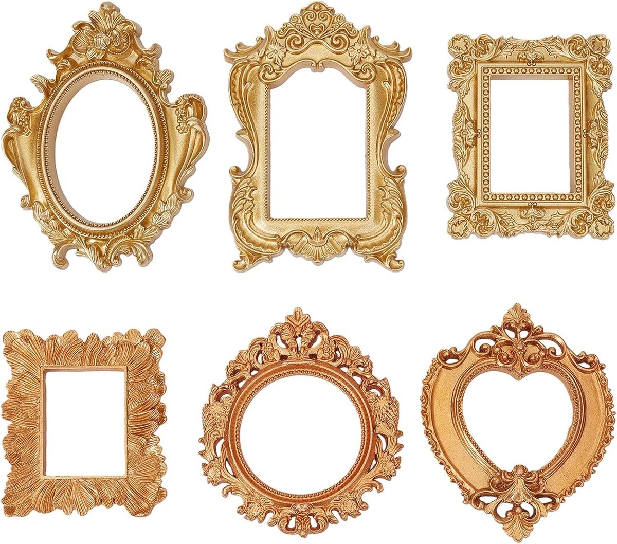 Omgoods- Fotolijst Vintage Set 6 Stuks - Antieke Fotolijsten - Hars Fotolijsten - Ovaal/Rechthoekig - Hartvorm - Goudkleurig - Decoratief Kader
