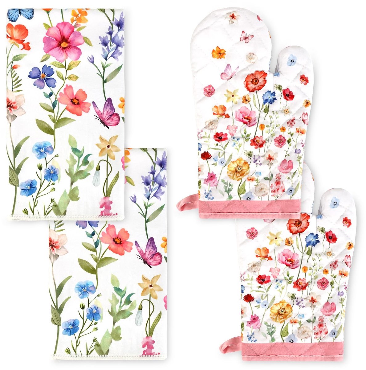 Omgoods - Keukenset met Ovenwanten en Keukendoeken - Wilde Bloemenmotief, Set van 4