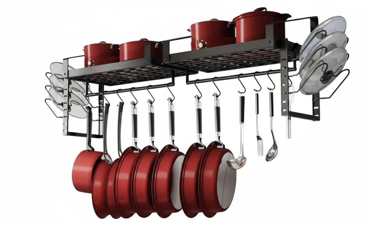 Omgoods - Ruimtebesparende Wandmontage Potdekselhouder met 12 Haken