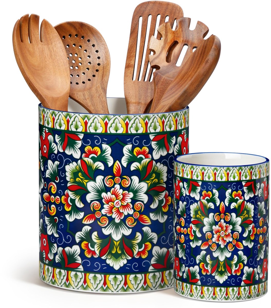 Omgoods- Gebruikersvoorwerpenhouder - 2-delige Keukengereihouder - Hoogwaardig Keramiek - Groene Edelsteendesign - 18,6 cm Reservoir - Stijlvolle Accenten