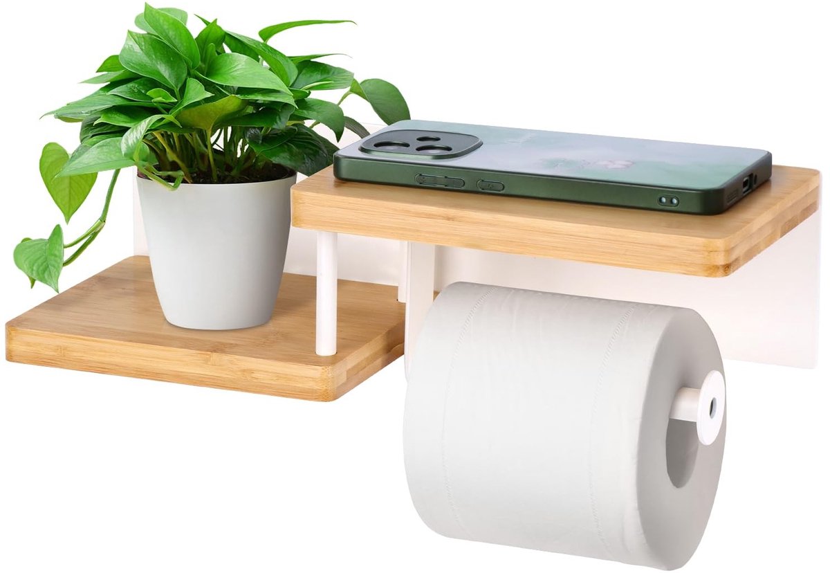 Omgoods - Toiletpapierhouder met Plank van Staal en Bamboe
