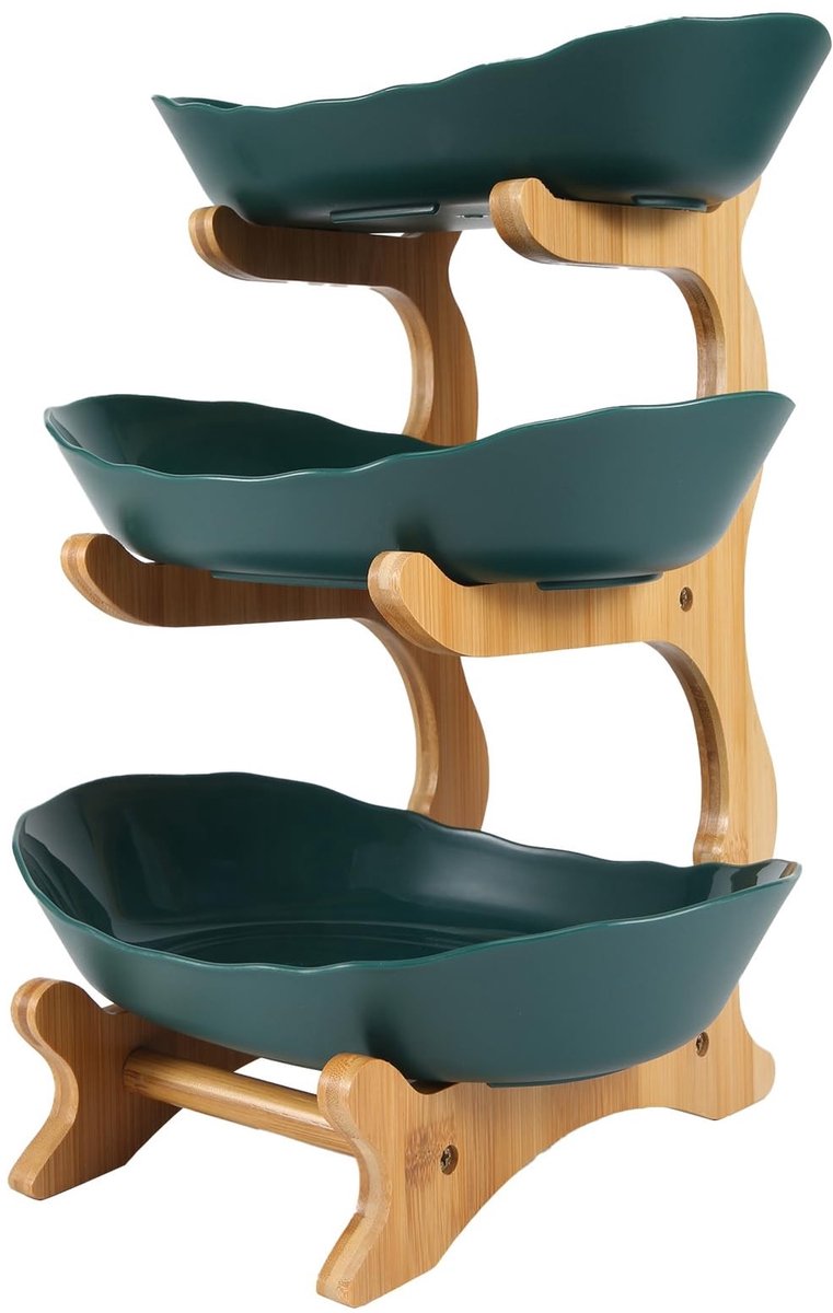 Omgoods - Drie-laags Fruit- en Taartstandaard van Keramiek en Hout