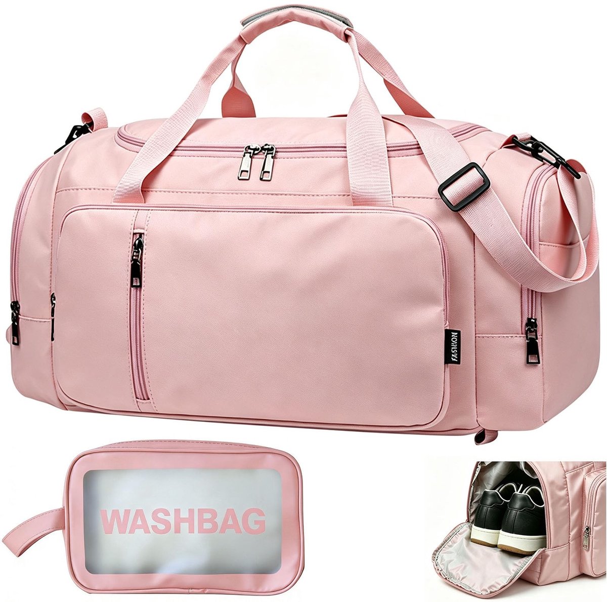 Omgoods - 30L Grote Sporttas met 3L Waszak, Duffle en Rugzak voor Gym en Reizen, Roze