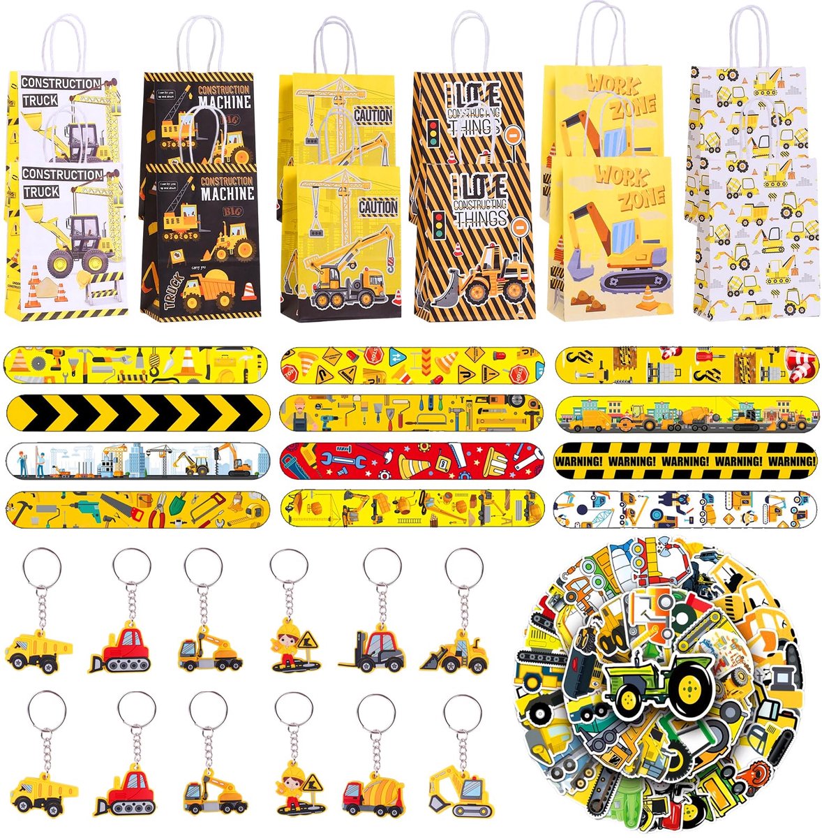 Omgoods- Bouwplaats-feestcadeautje 86 stuks - Feestartikelen - Kinderfeest - Verjaardagsdecoratie - Graafmachine - Milieuvriendelijk materiaal