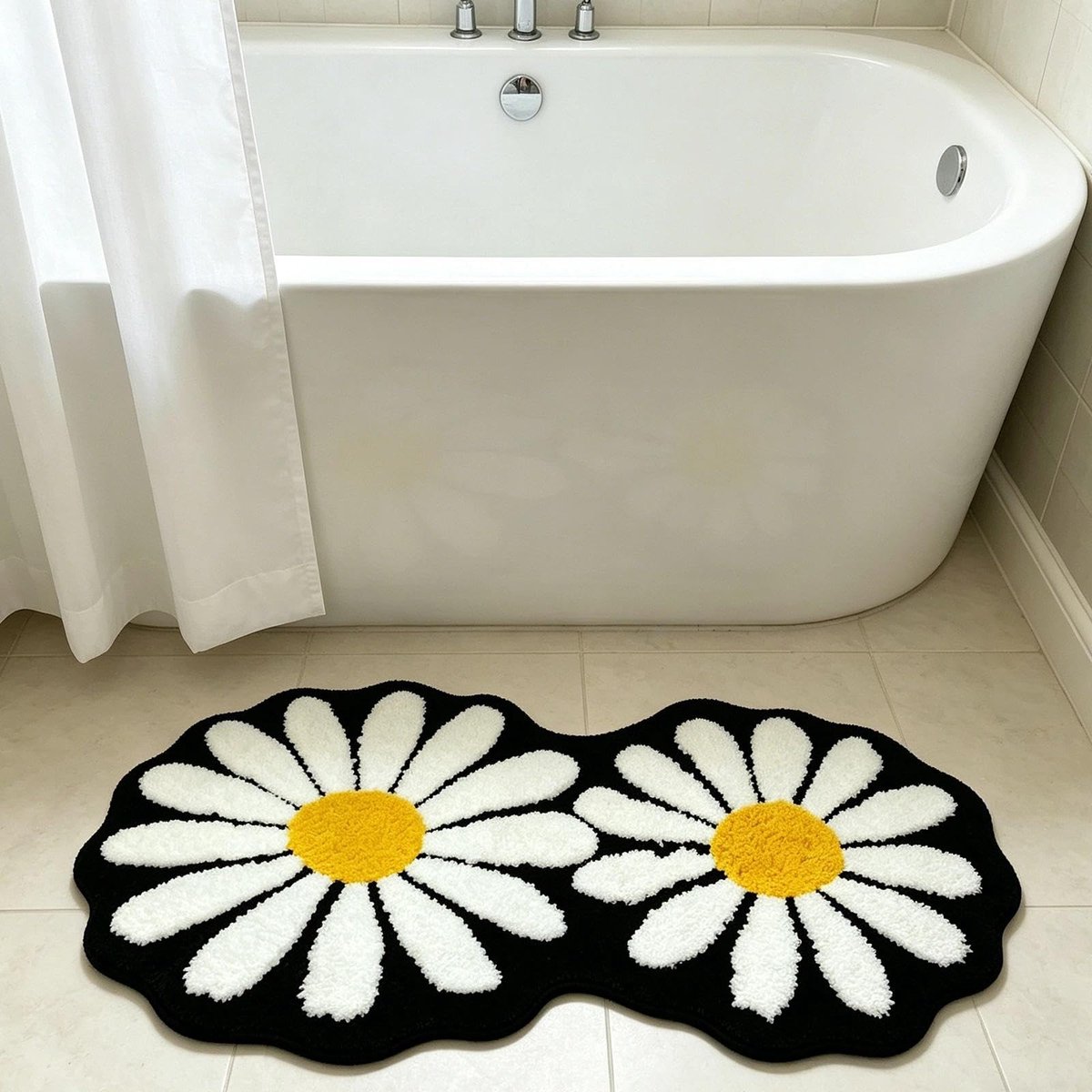 Omgoods - Zwart-Witte Madeliefjes Badmat, Antislip, 60x100cm