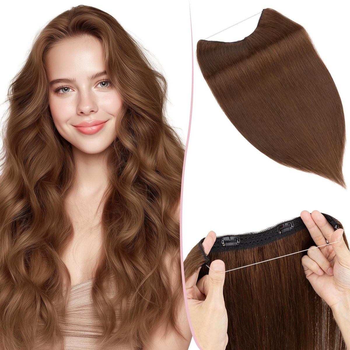 Omgoods - Onzichtbare Haarextensions met Draad, 45 cm Natuurlijk Zwart