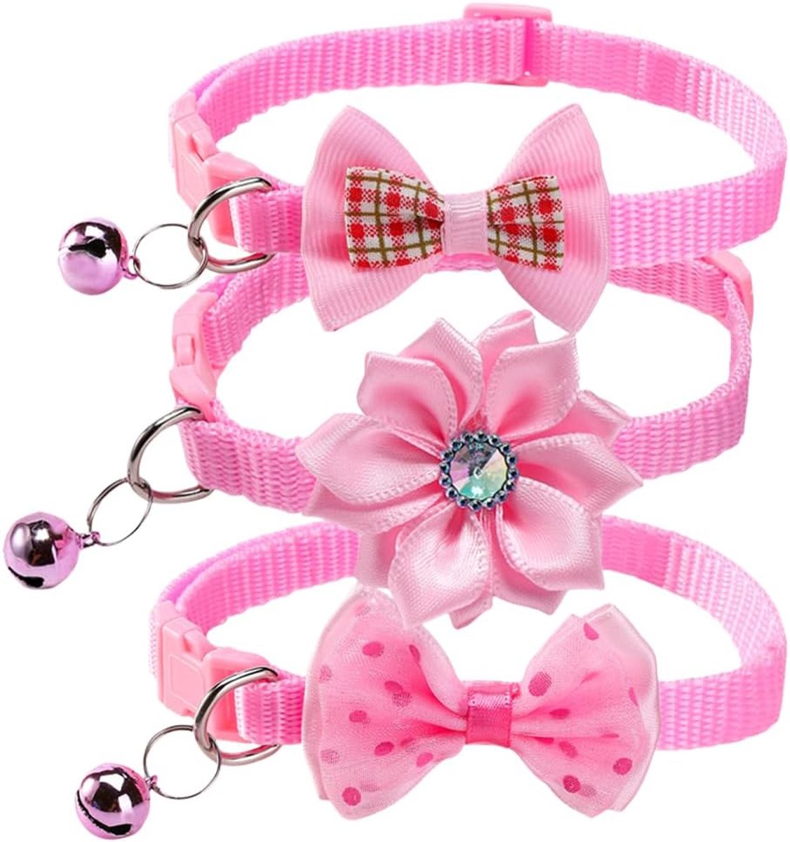 SnelShoppen - Kattenhalsband 3-delige set - Roze verstelbare kattenhalsband met strik en belletje - Geschikt voor katten en kleine honden - Comfortabe