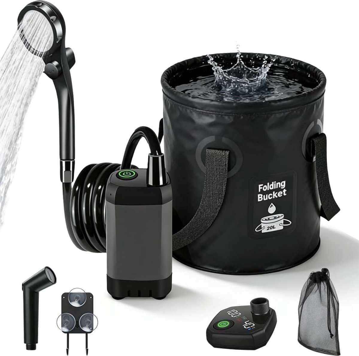 Camping Shower Set 2026 Upgrade, 6000 mAh/8000 mAh Battery and Smart Display, 5 Gallon Bucket, 4 Modes, Shower Head - ShopVlot