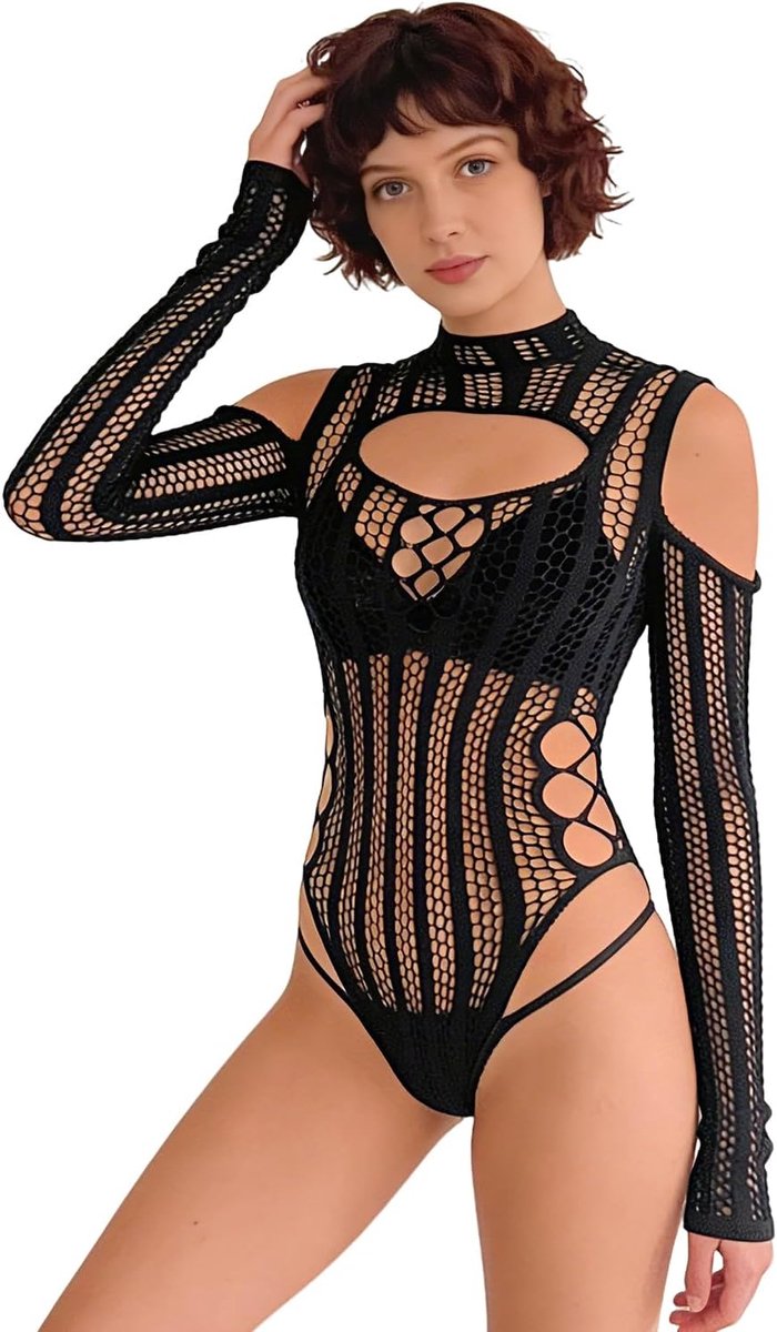 SnelShoppen - Black Rave Outfit Dames | Cut Out Hoge Hals Kanten Bodysuit | Sexy Lingerie voor Festivals, Valentijnsdag & Feestjes