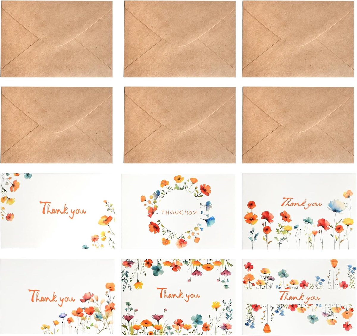 SnelShoppen - 12 Bedankkaarten Set met Enveloppen, 6 Motieven met Wilde Bloemen, Lege Vouwkaarten, Bedankt voor Leraar, Familie, Bruiloften, Vrienden