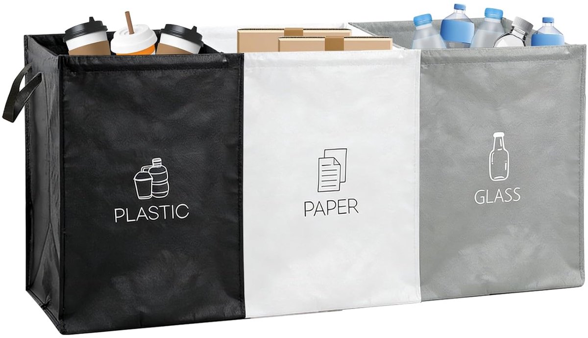 SnelShoppen - Afval Scheidingssysteem 3-Weg voor Plastic, Glas, Papier, Duurzaam, Versterkt, Grote Inhoud, Geschikt voor Keuken, Opslagruimtes en Kamp