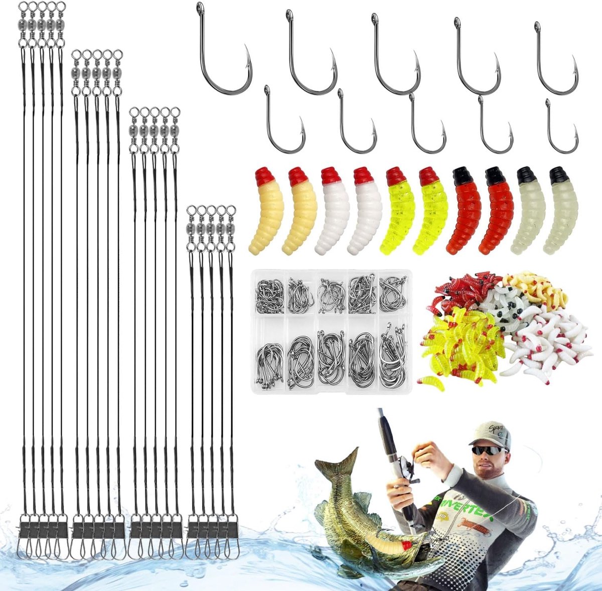 SnelShoppen - Set van 370 Visspullen met 250 PVC Vissenaars (5 Kleuren) en 100 Carbon Stalen Vishaakjes in Opbergdoos voor Perch Bait