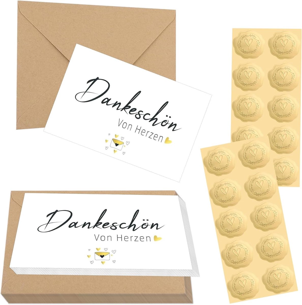 SnelShoppen - 20 Stuks Bedankkaarten met Enveloppen en Gouden Zegelstickers, Perfect voor Leraren, Collega's, Verjaardag, Bruiloft en Meer