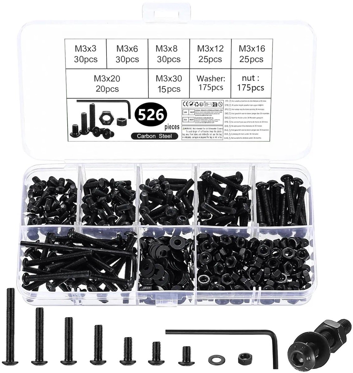 M3 Screw Set 526-Piece, Black Allen Screws 0.118/0.236/0.315/0.472/0.630/0.787/30mm with Nuts, Washers and - ShopVlot
