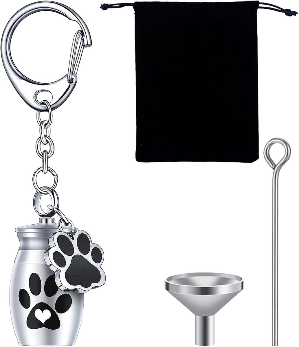 SnelShoppen - Mini-urnen voor huisdieren, sleutelhanger voor honden en katten, roestvrij staal, crematie aandenken met pootafdruk, kleine urnen voor a