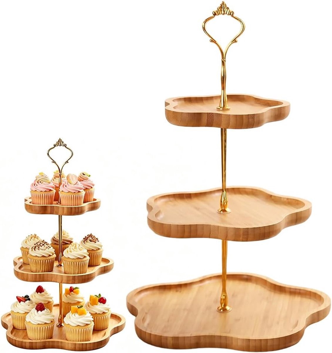 Cupcake standaard 3 niveaus - houten design - met metalen handvat - ideaal voor feesten en partijen - SnelShoppen