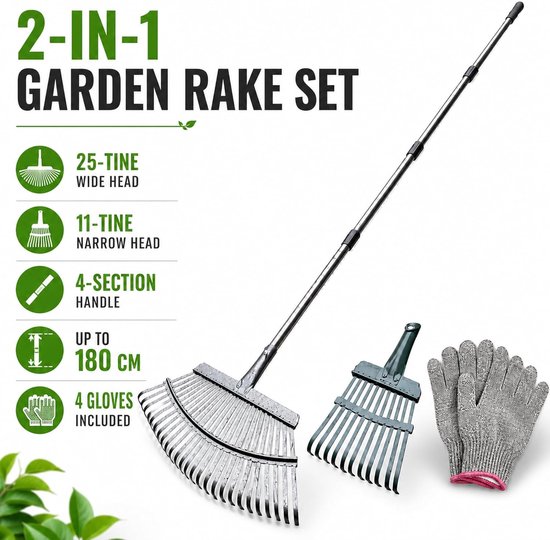 SnelShoppen - Hark Tuin 25+11 Tanden Bladhark met Metalen Steel, 4-delige Verstelbare Handgreep 40-45 cm, Heavy-Duty Tuinhark voor Bladeren, Gazon en van Snelshoppen — afbeelding 5