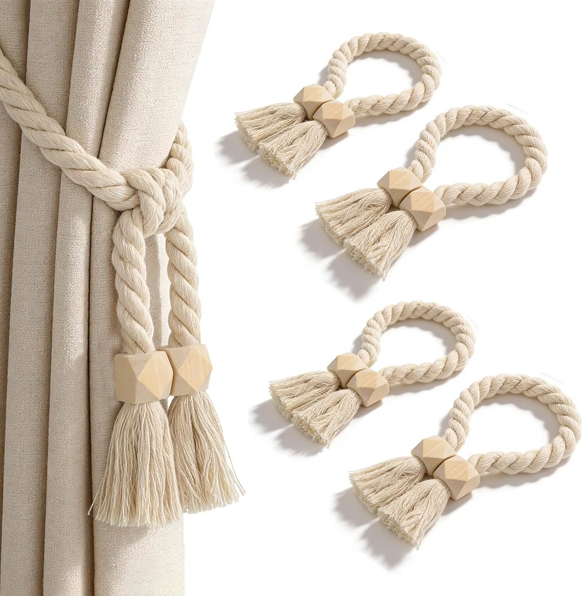Set van 4 magnetische gordijnhouders van hout en katoenen touw, decoratie voor thuis, kantoor - ShopVlot