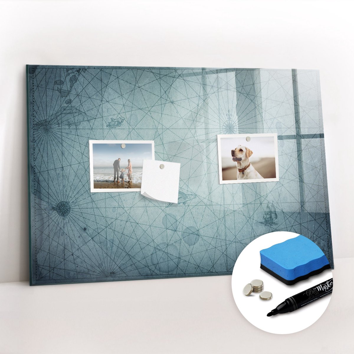 Tulup Whitebord - Vintage kaart - 60 x 40 cm - Blauw Magnetisch Memobord - Gratis 5 Sterke Magneten + Whiteboard Marker & Wisser - Industrieel Wandbord - Magneetbord Foto - Productiviteit Tools