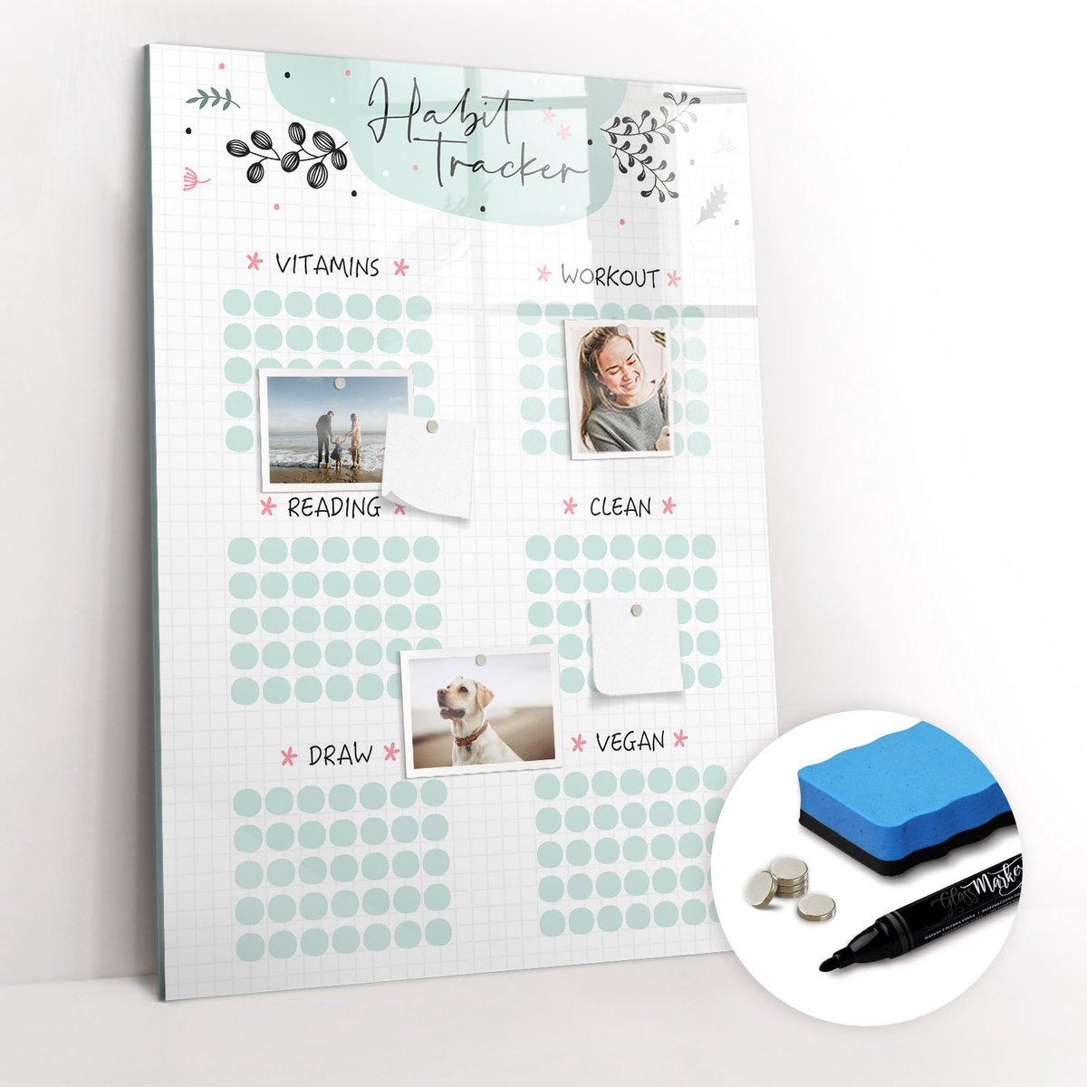Tulup Whitebord - Gewoonteplanner - 70 x 100 cm - Groente Magneetbord Muur - Gratis 5 Sterke Magneten + Whiteboard Marker & Wisser - Scandinavisch Design Bord - Magneetbord Keuken - Planning Muur