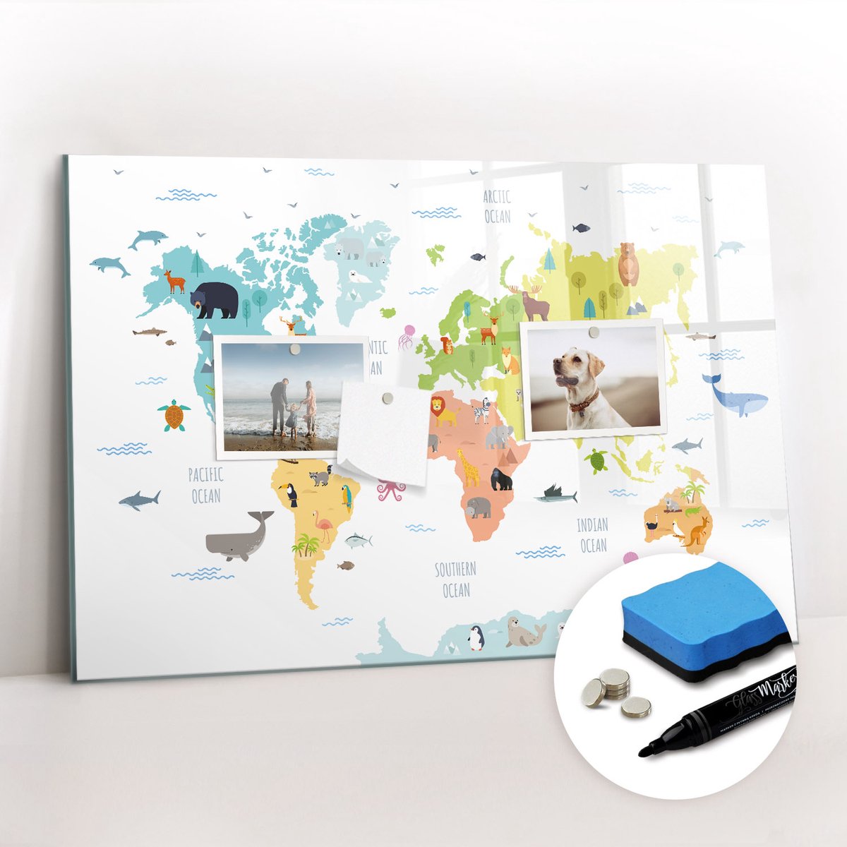 Tulup Whitebord - Natuurkaart van de wereld - 60 x 40 cm - Veelkleurig Magneetbord Rechthoekig - Gratis 5 Sterke Magneten + Whiteboard Marker & Wisser - Organizer Muur - Magnet Board - Organiseer Je Bureau