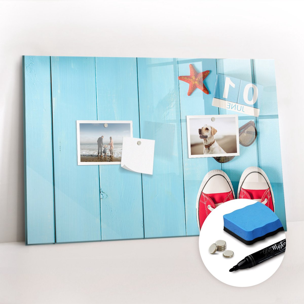Tulup Whitebord - De eerste dag van de zomer - 60 x 40 cm - Blauw Magnetic Board - Gratis 5 Sterke Magneten + Whiteboard Marker & Wisser - Industrieel Wandbord - Magneetbord Rechthoekig - Planning Muur