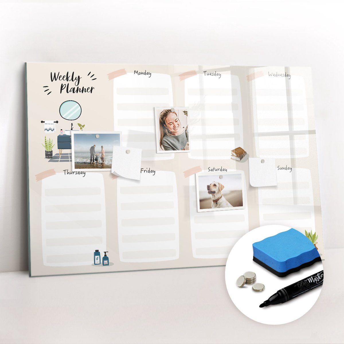 Tulup Whitebord - Weekplanner - 90 x 60 cm - Beige Magnetic Board - Gratis 5 Sterke Magneten + Whiteboard Marker & Wisser - Minimalistisch Prikbord - Magneetbord Muur - Organiseer Je Bureau