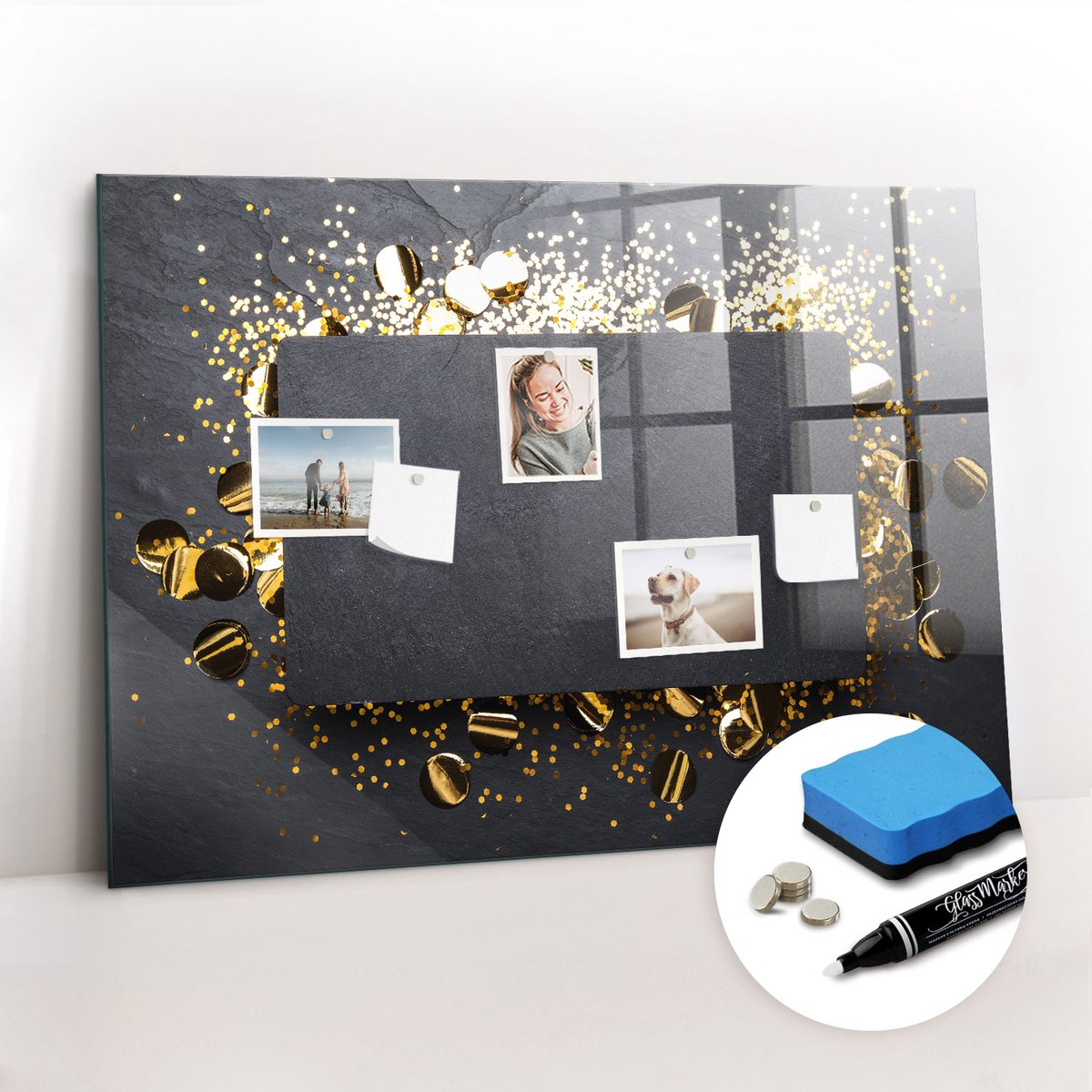 Tulup Whitebord - Gouden confetti - 100 x 70 cm - Veelkleurig Memobord Glas - Gratis 5 Sterke Magneten + Whiteboard Marker & Wisser - Moderne Wanddecoratie - Memobord Keuken - Planning Muur