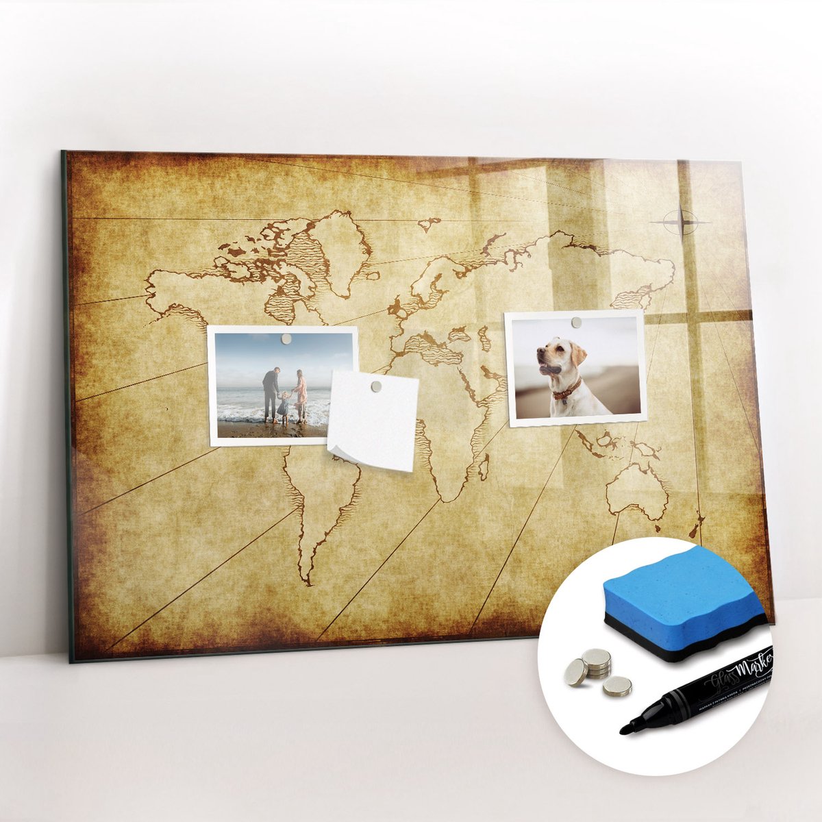 Tulup Whitebord - Oude wereldkaart - 60 x 40 cm - Geel Magneetbord Keuken - Gratis 5 Sterke Magneten + Whiteboard Marker & Wisser - Scandinavisch Design Bord - Memobord Magnetisch - Notitiebord Werkplek